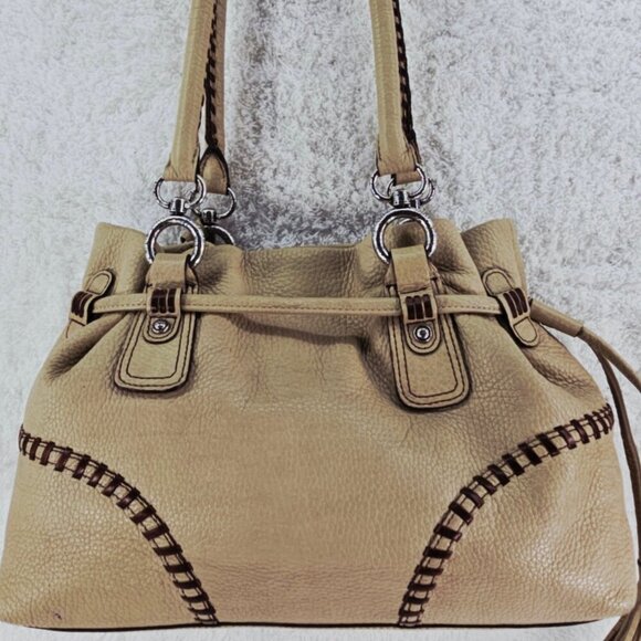 BRIGHTON Beige Pebble Leather Hobo Shoulder Bag Whipstitching Tassel Drawstring - Picture 6 of 16